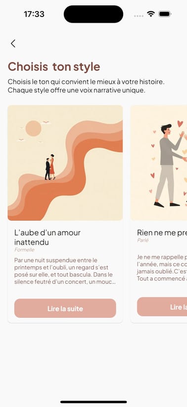 Écran « Choisis le style » de l'application Raconte moi