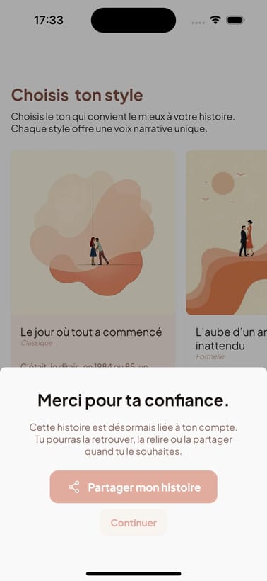Écran « Partage ton souvenir » de l'application Raconte moi